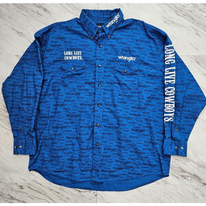 Wrangler Mens Long Sleeve Button Down Long Live Cowboys Western Shirt Blue